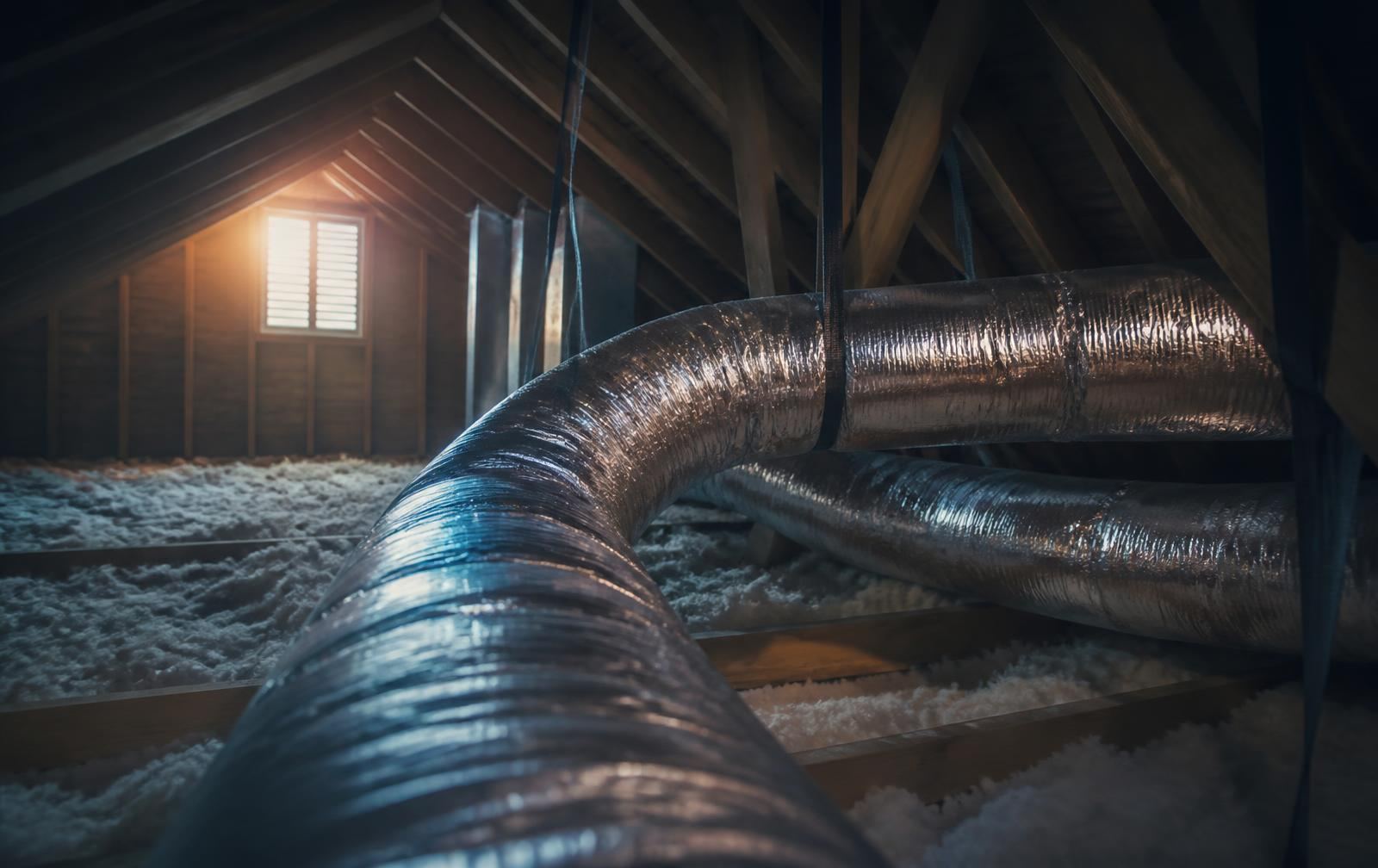 Flexible attic ductwork with taped connections above blown insulation