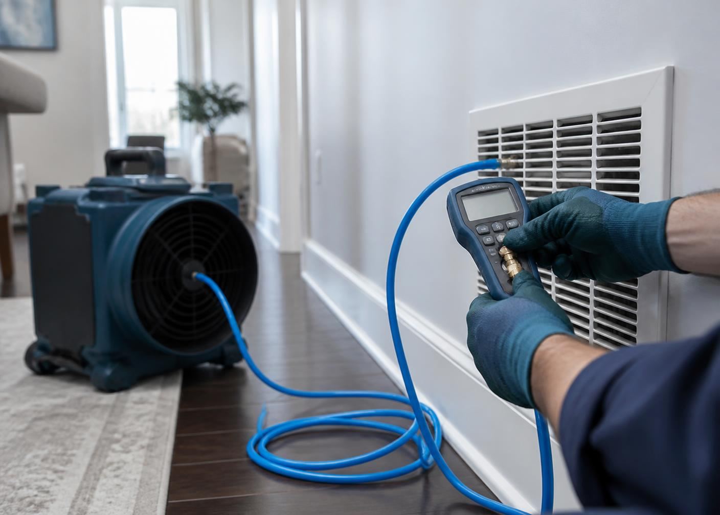Duct pressure testing equipment connected to a home's return air register